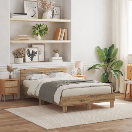 vidaXL Bedframe met LED Artisan Eiken 135 x 190 cm Bewerkt hout