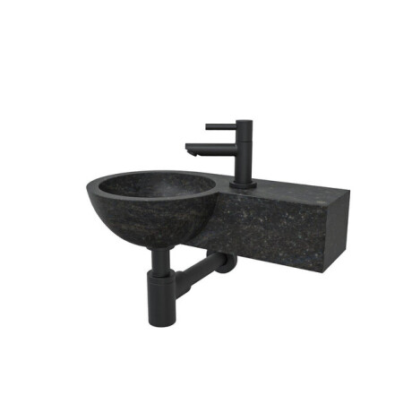 Wiesbaden B waskom rond 40x23x10cm met kraangat rechts hardsteen zwart incl Amador fonteinkraan zwart mat SW106364 - 22.2701 - SW21108 - SW696215 - SW696205