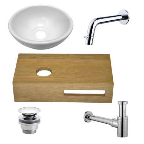 Wiesbaden Oak houten fonteinset compleet met inbouwkraan, waskom links, houten blad, sifon en afvoerplug chroom sw1175/sw296051/sw417832/sw440853/sw450729/