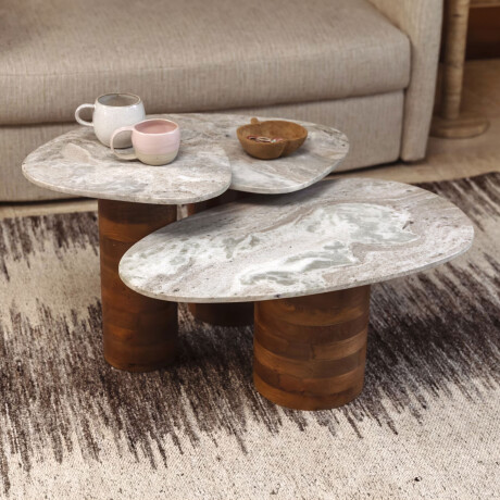 Dutchbone Organische Bijzettafel 'Suki' Marmer en mangohout, Set van 3 stuks
