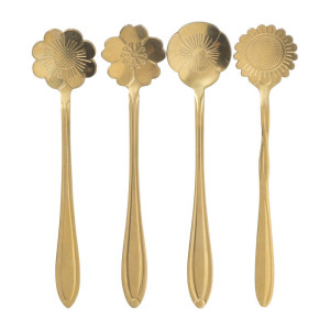 Theelepels bloem - goud - set van 4