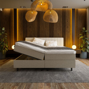 1-Persoons Boxspring Met Opbergruimte Beam - Beige - Beige 90x210 Cm - Pocketvering - Inclusief Topper - Dekbed-Discounter.nl