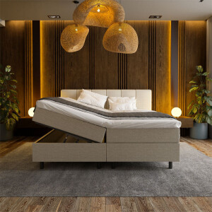 1-Persoons Boxspring Met Opbergruimte Wide - Beige - Beige 90x210 Cm - Pocketvering - Inclusief Topper - Dekbed-Discounter.nl