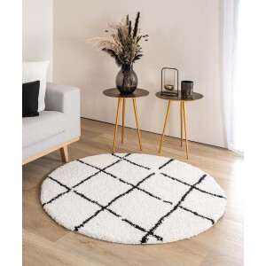 Rond hoogpolig vloerkleed ruiten Artisan - wit/zwart 200 cm