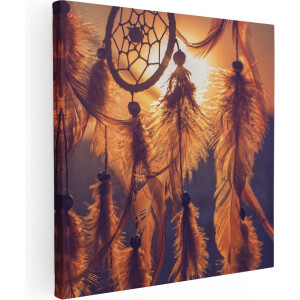 Artaza Canvas Schilderij Zonsondergang - 40x40 cm - Klein - Wanddecoratie Dromenvanger - Muurdecoratie Veren - Schilderijen Op Canvas