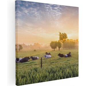 Artaza Canvas Schilderij Koeien - 90x90 cm - Wanddecoratie Landschap - Muurdecoratie Zonsondergang - Schilderijen Op Canvas Natuur
