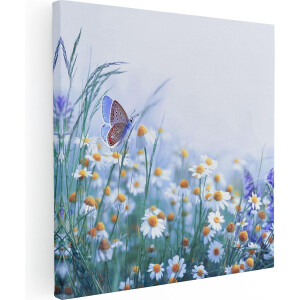 Artaza Canvas Schilderij Witte Kamille Bloemen Met Een Vlinder - 70x70 - Foto Op Canvas - Canvas Print
