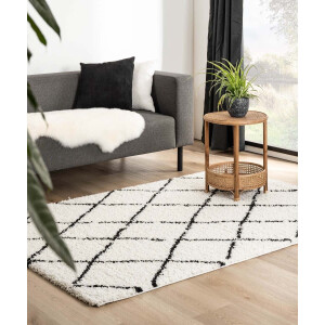 Hoogpolig vloerkleed ruiten Habitat - wit/zwart 140x200 cm