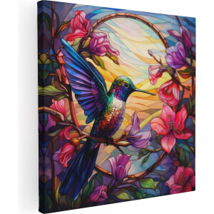 Artaza Canvas Schilderij Kolibrie van Glas in Lood - 80x80 - Groot - Foto Op Canvas - Canvas Print - Muurdecoratie