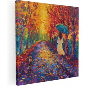 Artaza Canvas Schilderij Vrouw op een Pad met een Paraplu - 80x80 cm - Groot - Wanddecoratie Woonkamer - Schilderijen - Muurdecoratie