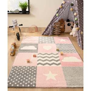 Vloerkleed kinderkamer blokken - Adventures roze/grijs 80x150 cm