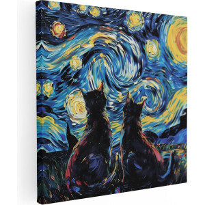Artaza Canvas Schilderij Twee Katten bij de Sterrennacht - Dieren - 80x80 cm - Groot - Wanddecoratie Woonkamer - Schilderijen - Muurdecoratie