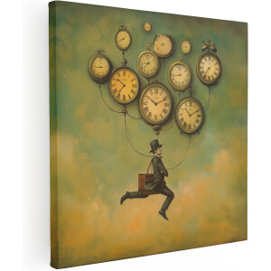 Artaza Canvas Schilderij Mens Vliegt door de Lucht met Klokken - 60x60 cm - Wanddecoratie Woonkamer - Schilderijen - Muurdecoratie