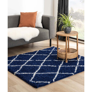 Vierkant hoogpolig vloerkleed ruiten Habitat - marineblauw/wit 280x280 cm