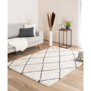 Hoogpolig vloerkleed geruit Artisan - wit/grijs 240x340 cm