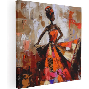 Artaza Canvas Schilderij Afrikaanse Vrouw in een Oranje Jurk - 80x80 cm - Groot - Wanddecoratie Woonkamer - Schilderijen - Muurdecoratie