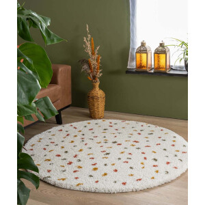 Rond hoogpolig vloerkleed stippen Artisan - wit/multi 80 cm