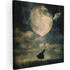 Artaza Canvas Schilderij Vrouw Vliegt met een Ballon over de Maan - 40x40 cm - Klein - Wanddecoratie Woonkamer - Schilderijen - Muurdecoratie