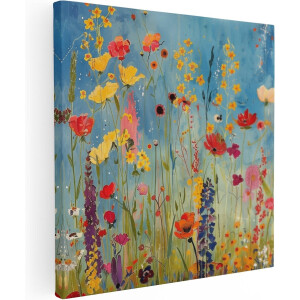 Artaza Canvas Schilderij Kleurrijke Bloemen in een Veld - 70x70 - Wanddecoratie - Foto Op Canvas - Canvas Print