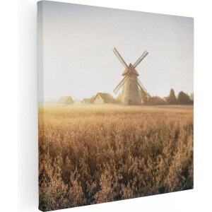 Artaza Canvas Schilderij Korenveld - 30x30 cm - Klein - Wanddecoratie Zonsondergang - Muurdecoratie Molen - Kamer Accessoires Landschap - Herfst