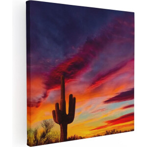 Artaza Canvas Schilderij Cactus bij Oranje Zonsondergang - 50x50 - Foto Op Canvas - Canvas Print