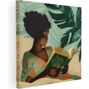 Artaza Canvas Schilderij Zwarte Vrouw - 30x30 cm - Klein - Muurdecoratie Jungle Bladeren - Wanddecoratie Woonkamer - Kamer Accessoires