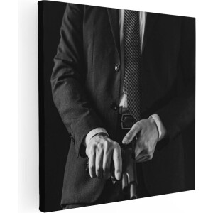 Artaza Canvas Schilderij Man in Pak met een Pistool - Zwart Wit - 30x30 - Klein - Foto Op Canvas - Canvas Print