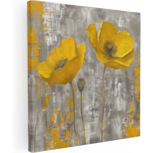 Artaza Canvas Schilderij Twee Gele Klaprozen op een Grijze Achtergrond - Bloemen - 30x30 cm - Klein - Wanddecoratie Woonkamer - Schilderijen - Muurdecoratie
