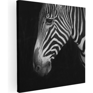 Artaza Canvas Schilderij Zebra Kop Vanaf De Zijkant - Zwart Wit - 80x80 cm - Groot - Wanddecoratie Woonkamer - Schilderijen - Muurdecoratie
