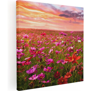 Artaza Canvas Schilderij Bloemenveld - 50x50 cm - Wanddecoratie Bloemen - Muurdecoratie Zonsondergang - Schilderijen Op Canvas