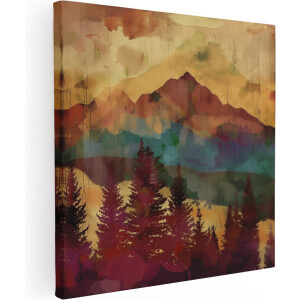 Artaza Canvas Schilderij Aquarel Kunstwerk van Bergen en Bomen - 80x80 cm - Groot - Wanddecoratie Woonkamer - Schilderijen - Muurdecoratie