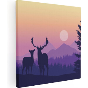 Artaza Canvas Schilderij Hert - 90x90 cm - Wanddecoratie Silhouet - Muurdecoratie Bergen - Schilderijen Op Canvas Zonsondergang - Paars