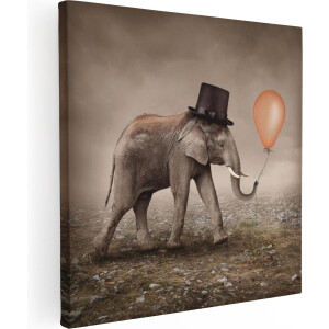 Artaza Canvas Schilderij Olifant Met Een Oranje Ballon - Hoedje - 70x70 - Foto Op Canvas - Canvas Print
