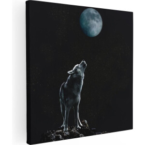 Artaza Canvas Schilderij Wolf Huilt Naar De Volle Maan - 80x80 - Groot - Foto Op Canvas - Canvas Print