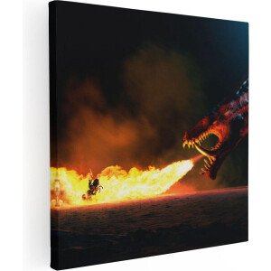 Artaza Canvas Schilderij Draak Spuwt Vuur op een Paard en Knecht - 70x70 - Foto Op Canvas - Canvas Print