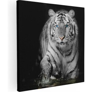 Artaza Canvas Schilderij Tijger Met Blauwe Ogen - Zwart Wit - 90x90 cm - Groot - Wanddecoratie Woonkamer - Schilderijen - Muurdecoratie