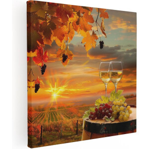 Artaza Canvas Schilderij Wijn - 70x70 cm - Wanddecoratie Herfst - Muurdecoratie Druiven - Schilderij Zonsondergang - Wijngaard