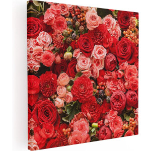 Artaza Canvas Schilderij Rode En Roze Bloemen Met Fruit - Abstract - 50x50 - Foto Op Canvas - Canvas Print