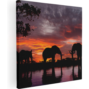 Artaza Canvas Schilderij Olifanten Tijdens Zonsondergang - Silhouet - 30x30 - Klein - Foto Op Canvas - Canvas Print