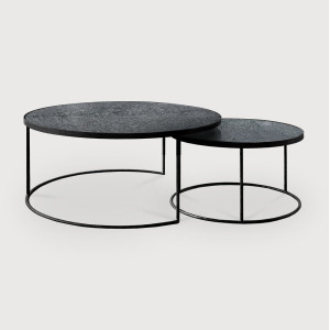 Ethnicraft Ronde Salontafel 'Nesting' Spiegelglas, Set van 2 stuks, kleur Charcoal