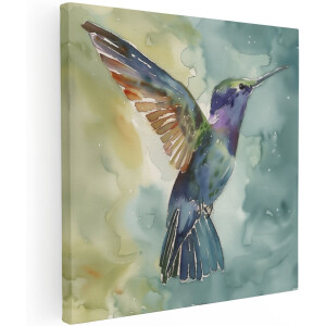 Artaza Canvas Schilderij Aquarel Kunstwerk van een Kolibrie - Dieren - 100x100 cm - Groot - Wanddecoratie Woonkamer - Schilderijen - Muurdecoratie