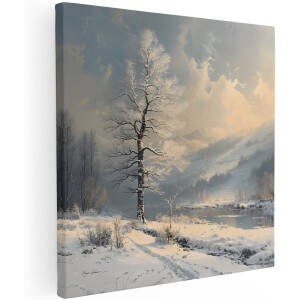 Artaza Canvas Schilderij Winterlandschap - 100x100 cm - Groot - Wanddecoratie Besneeuwde Boom - Muurdecoratie Bergen - Decoratie Natuur