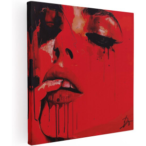 Artaza Canvas Schilderij Vrouw met Rode Verf op haar Gezicht - 100x100 cm - Groot - Wanddecoratie Woonkamer - Schilderijen - Muurdecoratie