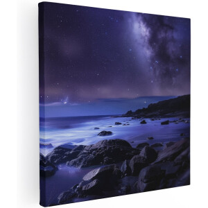 Artaza Canvas Schilderij Nachtelijke Hemel met Sterren en een Rotsachtig Strand - 100x100 cm - Groot - Wanddecoratie Woonkamer - Schilderijen - Muurdecoratie
