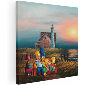 Artaza Canvas Schilderij De Simpsons - 100x100 cm - Groot - Wanddecoratie Vuurtoren - Muurdecoratie Zonsondergang - Schilderijen Familie Kust