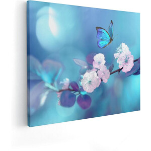 Artaza Canvas Schilderij Blauwe Vlinder Bij Een Roze Bloem  - 50x40 - Foto Op Canvas - Canvas Print