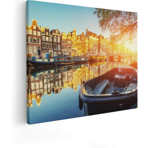 Artaza Canvas Schilderij Amsterdamse Brug - Gracht - Met Bloemen - 50x40 - Foto Op Canvas - Canvas Print