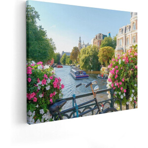 Artaza Canvas Schilderij Grachten Amsterdam - 50x40 cm - Muurdecoratie Bloemen - Wanddecoratie Fiets - Kamer Accessoires Woonkamer