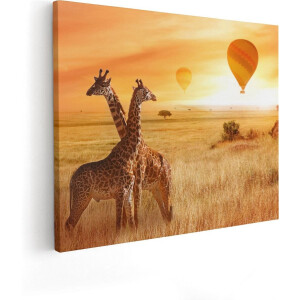 Artaza Canvas Schilderij Twee Giraffen Met Twee Oranje Luchtballonnen - 100x80 - Groot - Foto Op Canvas - Canvas Print