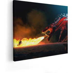 Artaza Canvas Schilderij Draak Spuwt Vuur op een Paard en Knecht - 50x40 - Foto Op Canvas - Canvas Print